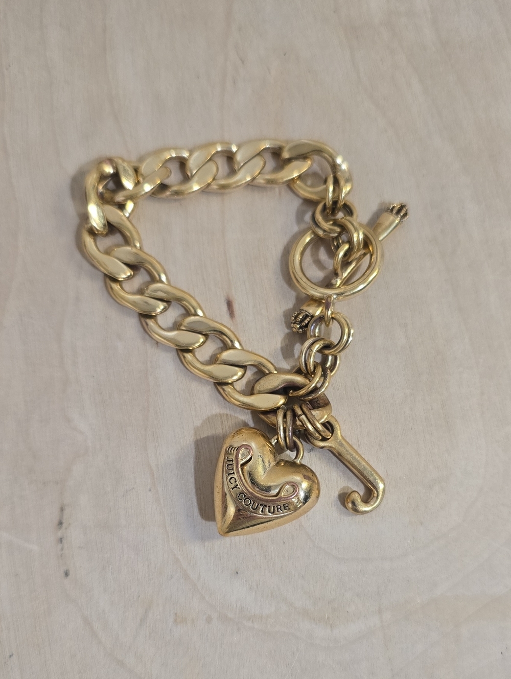 Juicy Couture Gold Heart Charm Toggle Bracelet with Initial J